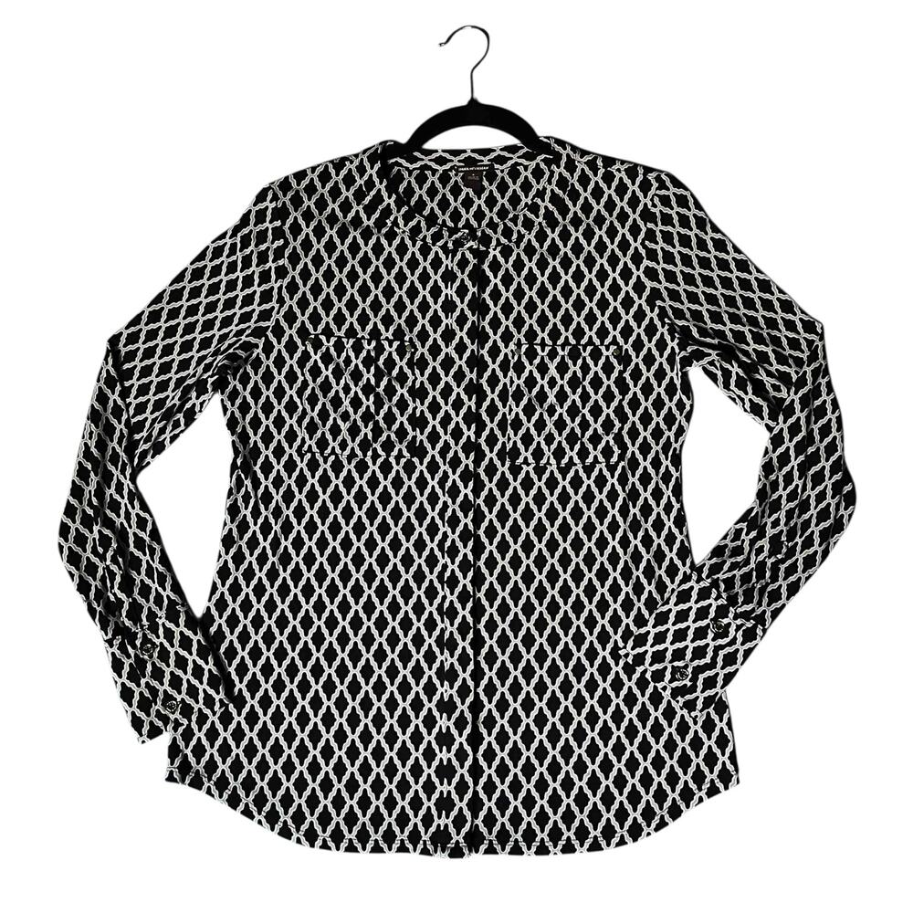 Dana Buchman Women's Collarless Button-Down Shirt Black Geometric Print Size S